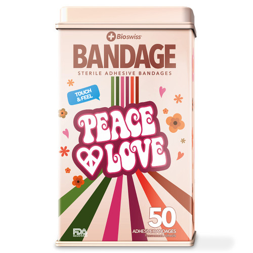 BioSwiss Bandages, Peace and Love Shaped Self Adhesive Bandage, Latex Free Sterile Wound Care, Fun First Aid Kit Supplies for Kids, 50 Count