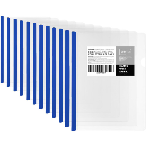 Binditek 12 Pack Clear Report Covers with Sliding Bars, 5mm Sliding Bar File Folder, 20 Sheet Capacity, Blue Binding Bars, Letter Size, Christmas Gift for Students and Coworkers