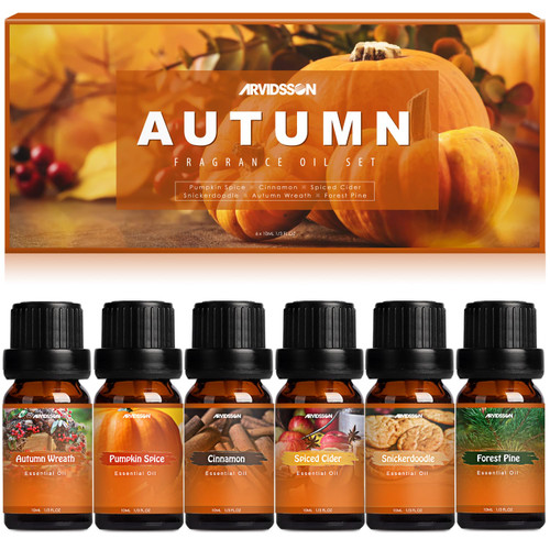 Autumn Fragrance Oil Set, ARVIDSSON Fall Essential Oils for Diffusers, Candle Making - Spiced Cider, Pine, Pumpkin Spice, Cinnamon, Snickerdoodle, Autumn Wreath