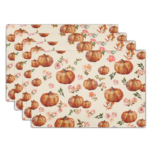 Pumpkins Fall Linen Placemats Set of 4 12x18 Inch Autumn Floral Leaves Thanksgiving Harvest Seasonal Table Mat Heat-Resistant Washable Wipeable Place Mat for Party Kitchen Dining Home Decor