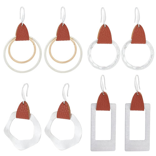 ANATTASOUL Geometric Drop Dangle 4 Pairs Earrings Boho Leather Hook Earrings Rectangle Round Circle Hoop Geometric Earrings Irregular Sand Silver Metal Geometric Statement Earrings for Women Girls