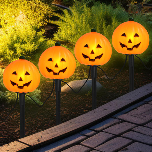 Agaphoton Halloween 7FT Pumpkin Pathway String Lights with 4 Pumpkin Stakes Lights Outdoor C7 Bulbs Walkway Pumpkin Jack O Lantern Waterproof Garden Yard Driveway Markers Light Up Party Light