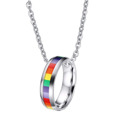 OAKKY Stainless Steel Unisex LGBT Pride Gay Lesbian Flag Rainbow Ring Pendant Necklace 19.7 Inches Chain