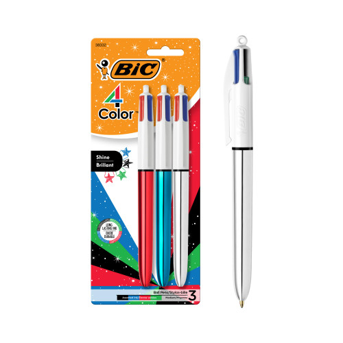 BIC 4 Color Shine Ball Pens Medium Points (1.0 mm) with Metallic Red, Blue and Silver Barrels - Pack of 3