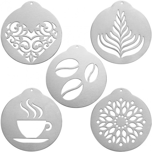 Stainless Steel Coffee Stencils 5pcs Foam Latte Art Stencils Barista Template for Decorating Oatmeal Cupcake Cake Cappuccino