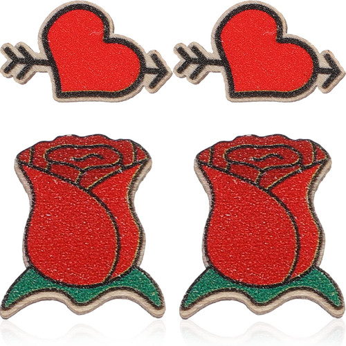 Didiseaon 2 Pairs Valentine's Day Earrings Valentine Stud Earrings Valentine Beaded Earrings Heart Earrings for Women Valentines Day Jewelry Wedding Earrings Cute Metal Roses Miss Coffee Cup
