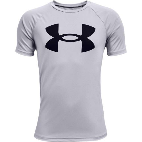 Under Armour boys Tech Big Logo Short Sleeve T-Shirt , Mod Gray Light Heather (011)/Black , Youth X-Small