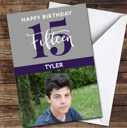 15th Fifteen Photo Purple Any Age Personalized Birthday Card |Custom Greetings Card Personalized Holiday Cards, Birthday Cards, Christmas Cards, Lots of Designs| Standard Or Jumbo Large Personalized Card
