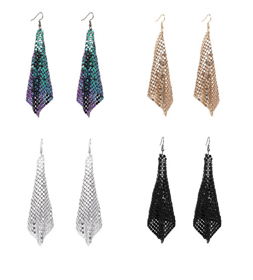 Fashion Disco Women Earrings Metal Mesh Grid Sequins Tassel Long Drop Dangle Earrings-4 pairs