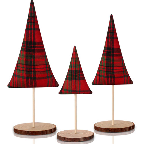 Panelee 3 Pcs Christmas Trees Tabletop Decoration Standing Rustic Farmhouse Trees Table Centerpieces Tiered Tray Decor Fabric Buffalo Plaid Christmas Trees with Round Base for Xmas Holiday Fireplace
