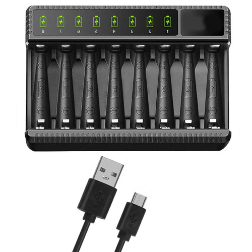 8 Bay AA AAA Battery Charger LCD USB C High-Speed Charging Independent Slot for NiMH NiCD Rechargeable Batteries LCD USB Charger AA AAA Charger