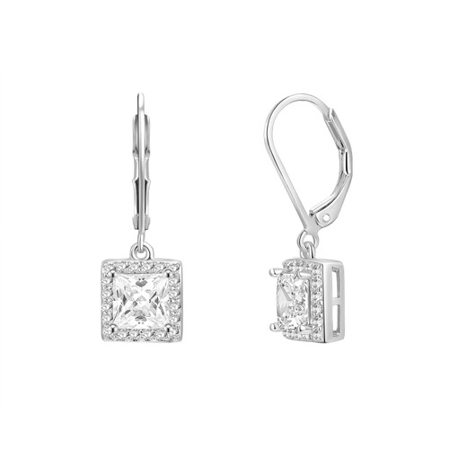 Dangle Earrings 18K White Gold Plated Princess Halo Square Cut Clear Cubic Zirconia Drop Earrings for Women Hypoallergenic