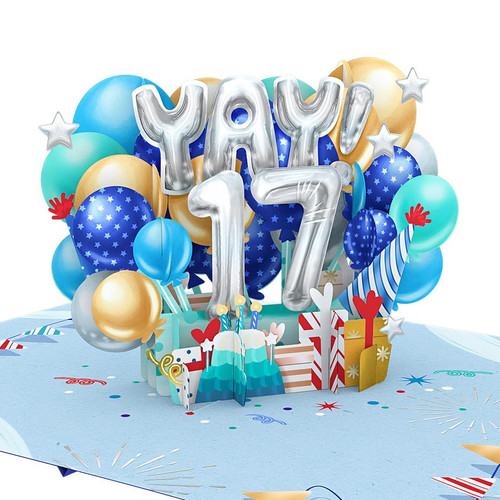 Liif Happy 17th Birthday Card For Boys, Son, Him, Nephew, Teenager, 3D Greeting Pop Up Birthday Card for 17 Years Old - Blue, Balloons, Party | With Message Note & Envelop | Size 7 x 5 Inch