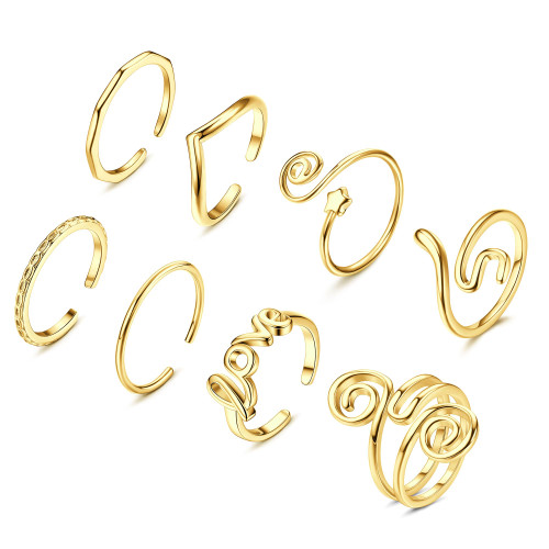 FIBO STEEL 8 PCS 14K Gold Filled Toe Rings Adjustable Open Toe Rings for Women African Foot Jewelry Band Toe Rings