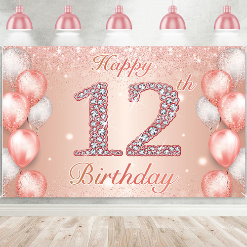Happy 12th Birthday Rose Gold Banner Cheers to 12 Years Old Backdrop Confetti Balloons Theme Decor for Girls 12 Years Old Pink Birthday Party Decorations Bday Supplies Background Favors Gift Glitter