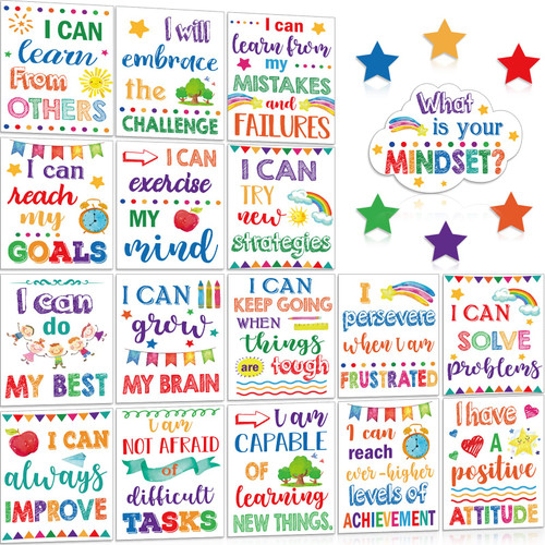 Growth Mindset Posters Set, Confetti Classroom Bulletin Board Decorations Positive Mindfulness Poster Inspirational Classroom Posters for Elementary Middle School Wall Displays (Lovely Style)