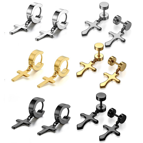 Aroncent 6 Pairs Stainless Steel Cross Dangle Earrings Huggie Hinged Hoop Earrings, Hoop Earrings for Men Women Wedding Valentine's Day