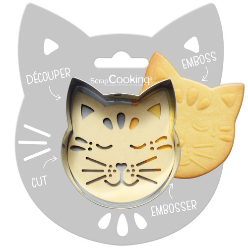 ScrapCooking 2093 Wooden Cat Cookie Cutter and Embosser Kit Stainless Steel for Embossed Biscuits - Mould for Sandy Pastries Accessories