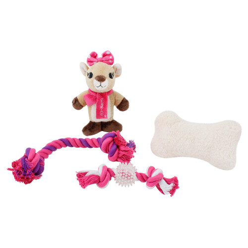 Dan Dee Rudolph The Red-Nosed Reindeer | 4-Piece Ball, Rope, and Two Squeaker Toy Bundle | Officially Licensed Holiday Pet Gift Sets |Clarice, Pink