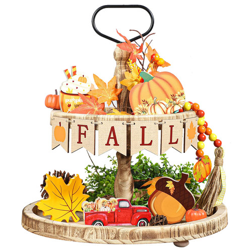 Fall Tiered Tray Decor Set,Tiered Tray Fall Decor Set Thanksgiving,Pumpkin Maple Leaves Acorn Wooden Tabletop Signs,Harvest Wood Blocks Signs for Fall Thanksgiving Farmhouse Party(#1)