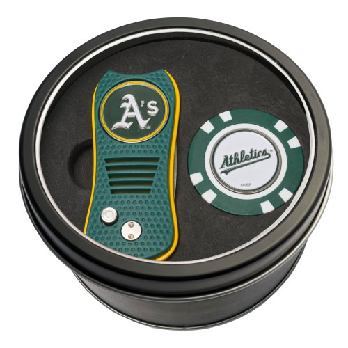 Team Golf MLB Oakland Athletics Tin Golf Chip Gift Set with Retractable Divot Tool and Chip, Includes 2 Double-Sided Enamel Ball Markers, Patented Design, Less Damage to Greens