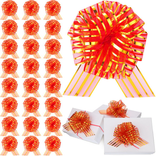 Poen 24 Pieces Pull Bow Large 6 Inch Organza Pull Bow Present Wrapping Pull Bow with Ribbon for Gift Wrapping Baskets Wedding (Red, Gold)