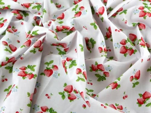 Minerva Crafts Strawberry Floral Print Polycotton Dress Fabric White - per metre