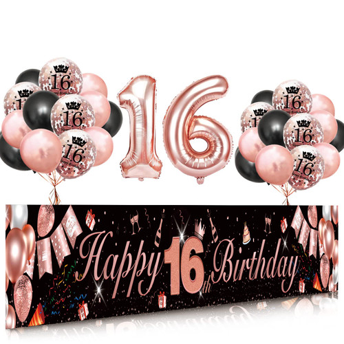Sweet 16 Birthday Decorations,16th Birthday Decorations for Girls, Rose Gold 16th Happy Birthday Banner with Balloons, 16 year old Birthday Backdrop Yard Signs Sweet Sixteen Decor Supplies (9x1.2ft) Sweet 16 Birthday Decorations,16th Birthday Decorations for Girls, Rose Gold 16th Happy Birthday Banner with Balloons, 16 year old Birthday Backdrop Yard Signs Sweet Sixteen Decor Supplies (9x1.2ft)