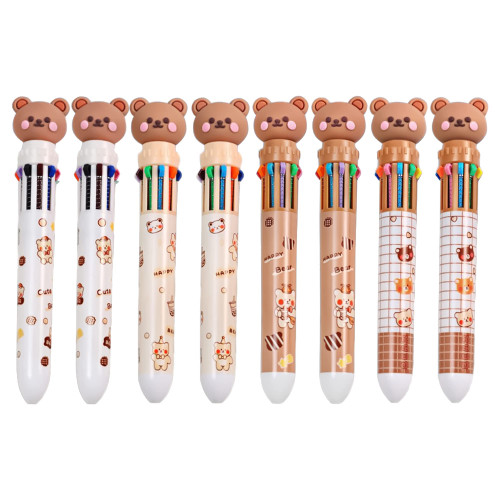 U Scinan 8Pcs Multicolor Pens Cartoon Bear 10-in-1 Retractable Ballpoint Pens-10 Vivid Colors in Every Pen