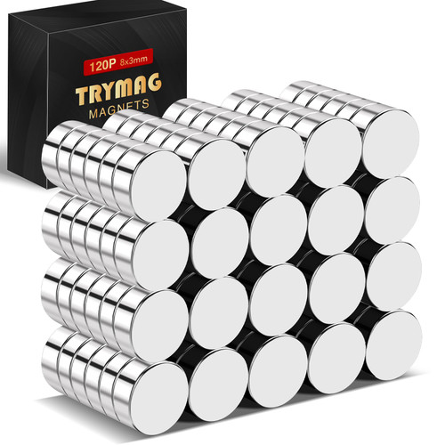 TRYMAG 120Pcs Refrigerator Magnets, Small Round Magnets for Crafts, 8x3mm Mini Rare Earth Magnets Tiny Strong Neodymium Disc Magnets for Whiteboard, Fridge, Office, Hobbies, and Button Magnets