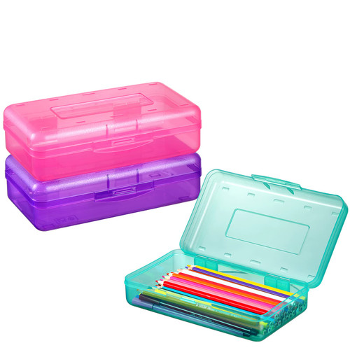 Sooez 3 Pack Pencil Box, Pencil Box for Kids, Plastic School Supply Box, Large School Box, Hard Plastic Pencil Case Lid, Stackable Clear Supply Boxes Bulk for Girl Boy Classroom