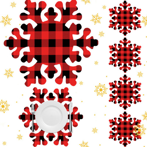 6 Pcs Leather Snowflake Christmas Placemats Buffalo Red Black Plaid Snowflake Placemats Xmas Snowy Winter Placemats Christmas Table Mats Heat Resistant Place Mats for Dining Table Kitchen Decor
