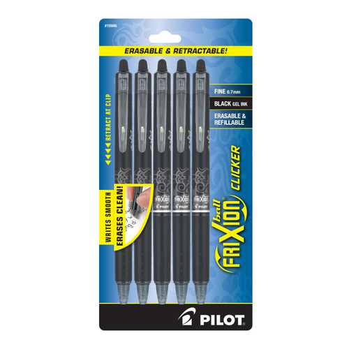 PILOT FriXion Clicker Erasable, Refillable & Retractable Gel Ink Pens, Fine Point, Black Ink, 5-Pack