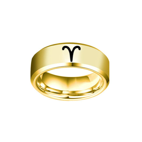 OAKKY Men's Women's Stainless Steel 8mm 12 Constellation Signet Ring Band Gold Aries Size 10