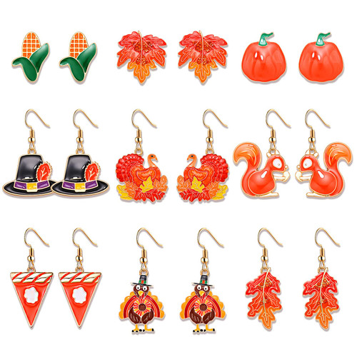 NVENF 9 Pairs Thanksgiving Fall Earrings Harvest Pumpkin Maple Leaf Stud Earrings for Women Cute Squirrel Turkey Dangle Earrings Thanksgiving Autumn Party Jewelry Gifts (Classic)