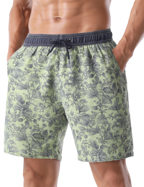 Nonwe Men's Swim Trunk Fashion Printed Relaxed Fit Soft Washed Drawstring Board Shorts Green 28