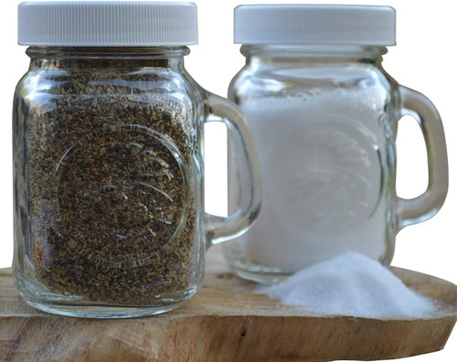 Salt and Pepper Shakers Glass Set - 4 oz Golden Harvest Ball Mason Jars Glass Salt and Pepper Shakers with White M.E.M Plastic Lids - Perfect for Pink Himalayan, Table Salt, Black and White Pepper
