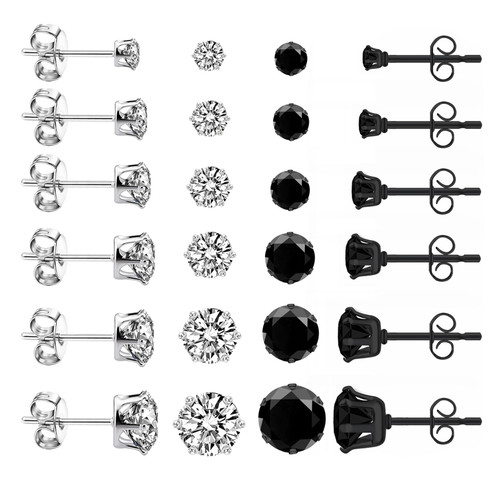 Stainless Steel Stud Earrings for Women Men Girls LUCKYPADS 12 Pairs Round Cubic Zirconia Earrings Studs Hypoallergenic Silver and Black Earrings Sets Multipack