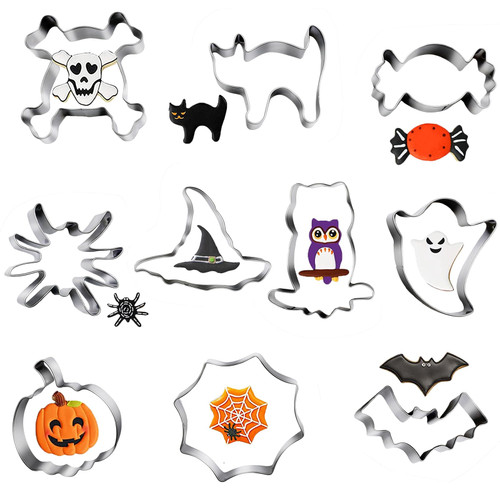 10 Pcs Halloween Cookie Cutters, Set Halloween Biscuit Cutters, Stainless Steel Halloween Cookie Shaped Mold Includes Spider, Spider Web, Witch Hat, Owl, Skull, Ghost, Pumpkin, Bat, Candy, Cat