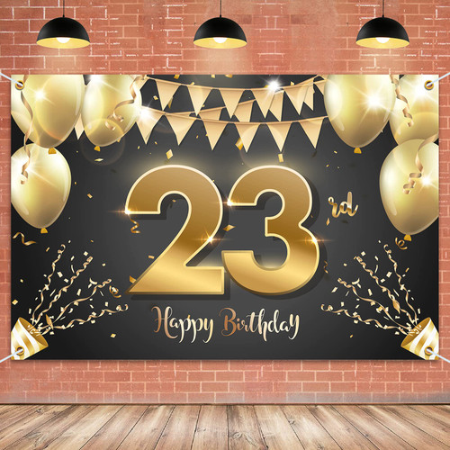 HAMIGAR 6x4ft Happy 23rd Birthday Banner Backdrop - 23 Years Old Birthday Decorations Party Supplies for Women Men - Black Gold