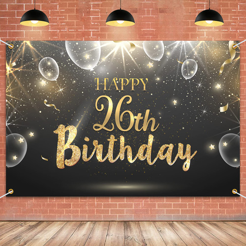 HAMIGAR 6x4ft Happy 26th Birthday Giltter Shinning Banner Backdrop - 26 Years Old Birthday Decorations Party Supplies for Women Men - Black Gold