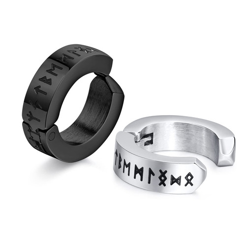 FLHEART Norse Viking Hoop Earring for Men - Amulet Protection Jewellery Gifts Stainless Steel Men's Non Piercing Clip On Earrings with Nordic Elder Futhark Runes, Silver and Black,1 Pair FLHEART Norse Viking Hoop Earring for Men - Amulet Protection Jewellery Gifts Stainless Steel Men's Non Piercing Clip On Earrings with Nordic Elder Futhark Runes, Silver and Black,1 Pair