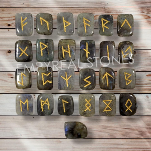 Labradorite Runes Crystal Rune Stones Set Elder futhark Viking Gemstone Reiki Healing Golden Engraved Runic Alphabets (Labradorite)