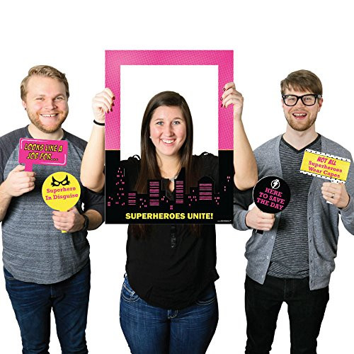Big Dot of Happiness BAM! Girl Superhero - Birthday Party or Baby Shower Selfie Photo Booth Picture Frame & Props - Printed on Sturdy Material
