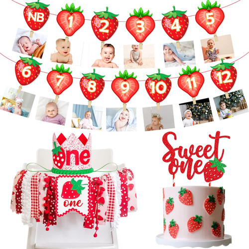 Strawberry Birthday Decorations Berry First Milestone Photo Banner Sweet One Cake Topper Strawberry High Chair Banner Strawberry Crown Sweet One Berry First Birthday Party Supplies
