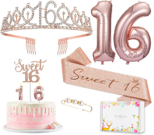 8pcs Sweet 16 Birthday Decorations for Girls, Including 16th Happy Birthday Cake Toppers, Birthday Queen Sash with Pearl Pin, Sweet Rhinestone Tiara Crown, Number Candles and Balloons Set, Rose Gold 8pcs Sweet 16 Birthday Decorations for Girls, Including 16th Happy Birthday Cake Toppers, Birthday Queen Sash with Pearl Pin, Sweet Rhinestone Tiara Crown, Number Candles and Balloons Set, Rose Gold