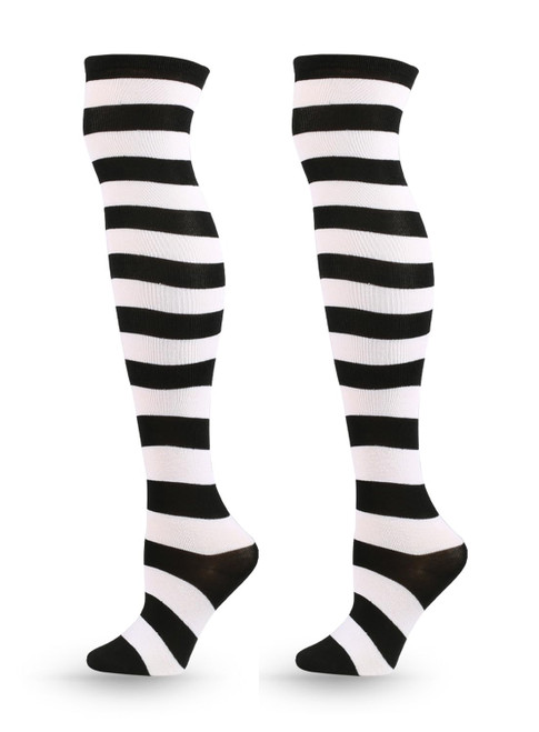 ATHX Women's Knee High Socks Thigh High Socks Triple Stripe over the Knee Socks Long Opaque Thigh High Stockings (Wide Stripe - Black/White)