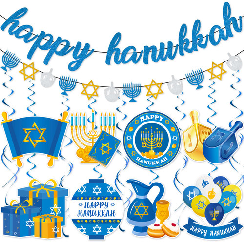 22pcs Hanukkah Decorations, Including NO-DIY Happy Hanukkah Banner and Hanukkah Hanging Swirl Decorations for Home Yard Holiday Party Outdoor Indoor Supplies, Chanukah Themed Party Supplies 22pcs Hanukkah Decorations, Including NO-DIY Happy Hanukkah Banner and Hanukkah Hanging Swirl Decorations for Home Yard Holiday Party Outdoor Indoor Supplies, Chanukah Themed Party Supplies