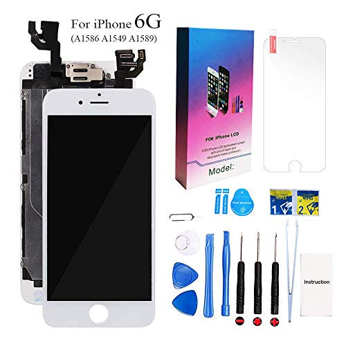 for iPhone 6 Screen Replacement Kit White 4.7" LCD Display iPhone 6 6G Replacement Touch Screen Digitizer Full Assembly with Front Camera+ Earpiece+ Repair Tools Kit+ Screen Protector (White)