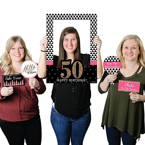 Big Dot of Happiness Chic 50th Birthday - Pink, Black and Gold - Birthday Party Selfie Photo Booth Picture Frame & Props - Printed on Sturdy Material